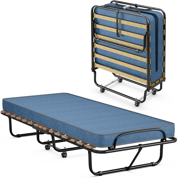 COSTWAY Гостьове ліжко 80x190 см з матрацом з memory foam, складане односпальне ліжко, металевий каркас до 130 кг, ліжко-трансформер на колесах, для вітальні/гостьової кімнати, блакитне