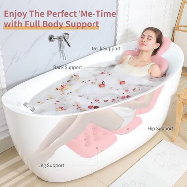 Full Body Bathtub Pillow with 160 Suction Cups - Head & Neck Support Bath Mat with Laundry Bag (Dark Gray & Light Pink, 130x41cm / 51.2' x 16.2')