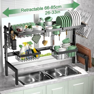 Регульована сушилка для посуду на 2 яруси, 66-85 см, чорна, з 4 кошиками для столових приборів та тримачем для напоїв