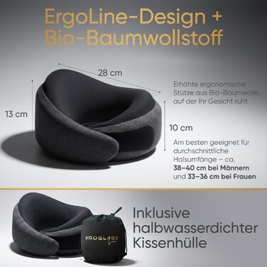 Подушка для подорожей Proglobe Luxe з піни Memory Foam (чорний). Комфортна подушка під шию для літаків з підставкою під підборіддя, компресійним мішком.
