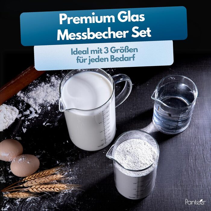 Measuring Cup Glass Set - 3 Pieces - High-Quality Handmade - Extremely Heat Resistant up to 150 Degrees - Suitable down to minus 20 Degrees - 1L, 500ml, 350ml - 2024