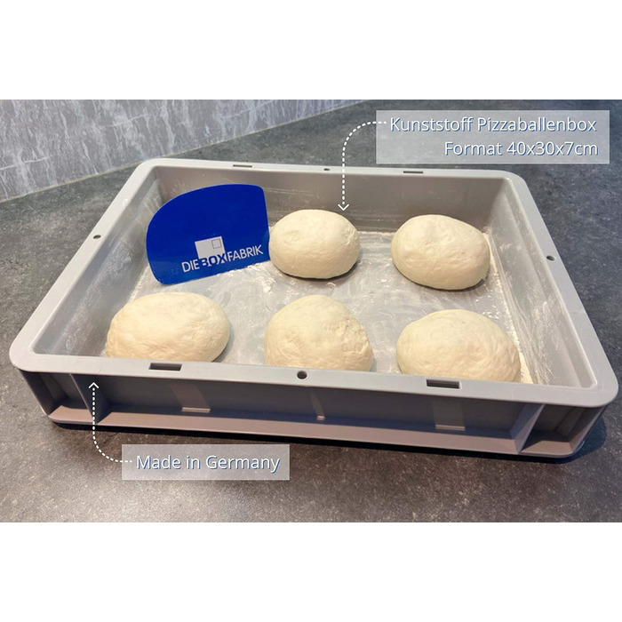 Pizza Ball Box (40 x 30 x 7 cm) for pizza dough, reusable box for pizza (reusable packaging), including dough scraper, complete set (2x box, 1x lid)