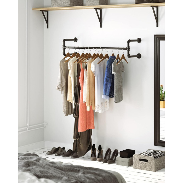 SONGMICS Wall Clothes Rack, Industrial Design Clothes Rail, 2-Piece Set, Wall Mounting, Load Capacity up to 60 kg, 30 x 112 x 29.3 cm, Easy Assembly, Black HSR64BK-02