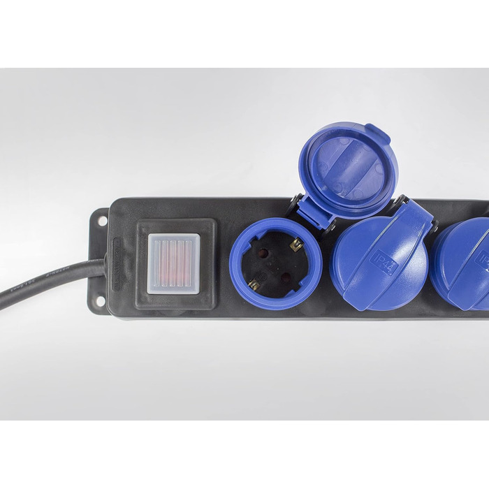 Розподільник розеток Schwabe 3-fach з вимикачем, заземленням, кришкою, 1.5 м, для зовнішнього використання, 230V, 16A, IP44, чорний, синій