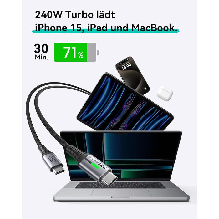 Кабель USB-C 240W, 2 шт. по 2м, PD, швидка зарядка, нейлон, з LED-підсвічуванням, чорний. Сумісний з iPhone, Samsung, Pixel, iPad, MacBook