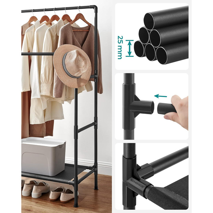 SONGMICS Дзеркало-вішалка для одягу металева, біла, з 2 перекладинами та полицею, до 55 кг, проста збірка RDR01WT (Чорний)