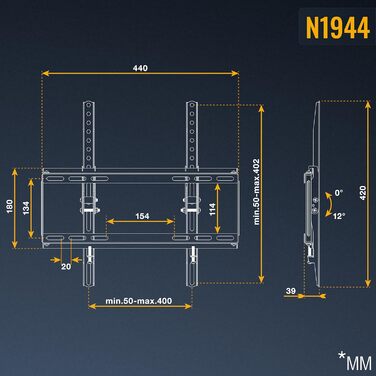 Кріплення для телевізора RICOO N1944: настінний тримач для телевізорів 40-75 дюймів, нахильний, ultra slim, VESA 400x400, до 75 кг, для OLED, curved, smart телевізорів