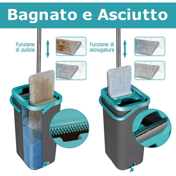 Masthome Mop Set with Bucket, 2-in-1 Mop Bucket, Flat Mop with 6 Microfiber Mop Pads, Hands-Free Mop Set and Bucket for Hardwood, Tile, Laminate, Marble, Floor Cleaning