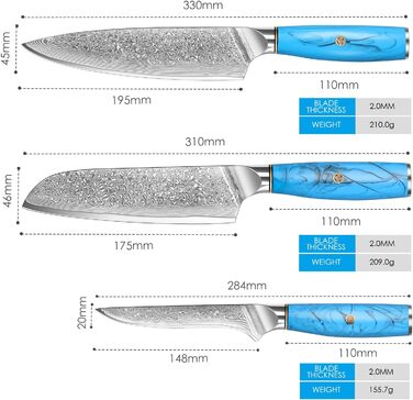 Ніж Kiritsuke Kochmesser Damast від Home Safety: професійний кухонний ніж з лезом 18.8 см з 67 шарів VG-10 Damaststahl, ергономічна ручка з натуральної смоли, подарункова коробка (3 шт)
