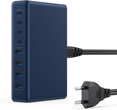 Мережевий зарядний пристрій USB-C 200W GaN III з 8 портами для MacBook Pro/Air, iPad, iPhone, Samsung, Steam Deck, QC4.0, PPS, PD 65W (Синій)