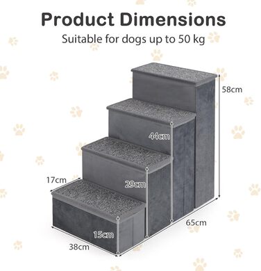 Сходинки для собак SOARS: складана пандус для домашніх тварин з місцем для зберігання, антиковзкі, до 50 кг, для собак та котів, під ліжко/диван (сірий, 38 x 65 x 58 см)