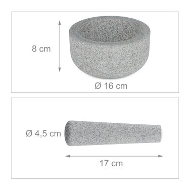 Гранітний ступка з толуштою Relaxdays, 8 x 16 см, для спецій та трав, сіра