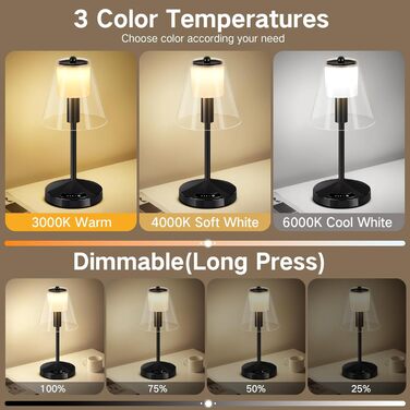 OUTON Бездротова LED-лампа настільна з торканням, регулювання яскравості, 3 режими кольору (3000K–6000K), акумулятор 4000mAh, USB-C, до 120 годин роботи, пам'ять, для спальні, бару та декору, чорна