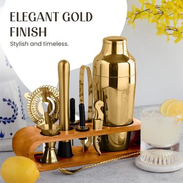 Набір для коктейлів та міксології Edles (10 предметів) - Шейкер з нержавіючої сталі, дерев'яний підставка з махагоні, золотий колір