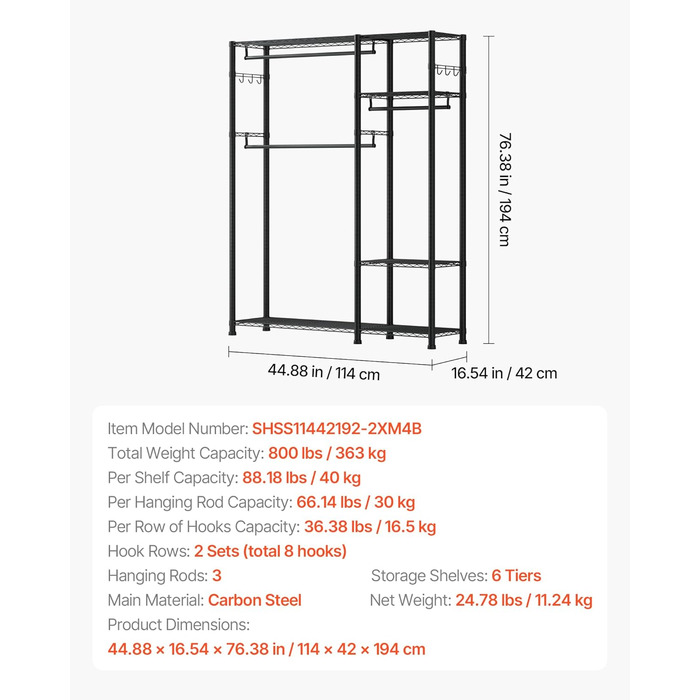 Стійка для одягу VEVOR з 4 перекладинами, 8 гачками та 385,5 кг вантажопідйомністю - для спальні, магазину одягу, прихожої