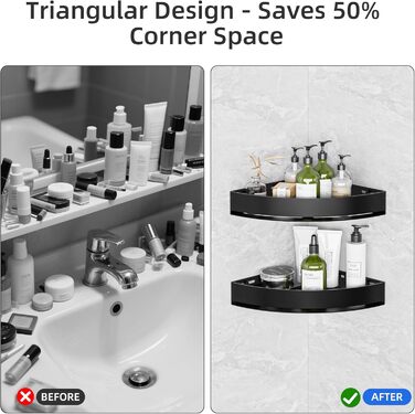 Поличка для душу без свердління, кутова, з нержавіючої сталі, з алюмінію, чорна - 2 шт.