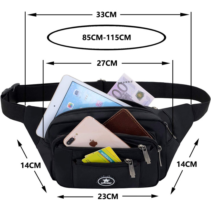 Водонепроникна поясна сумка для чоловіків та жінок, для спорту, бігу, піших прогулянок, велосипеда, з кишенькою для ножів та інструментів, чорна