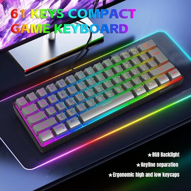 Ігрова клавіатура Snpurdiri з RGB підсвічуванням, механічний відгук, компактна, офісна для ПК (63 білий/чорний/оранжевий) (61 сірий)