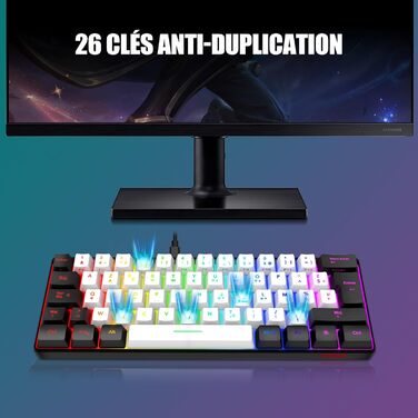 RedThunder K62 Бездротова ігрова клавіатура та миша, RGB, AZERTY, 62 клавіші, міні, для PC PS5 (Біло-Чорний)