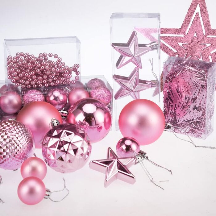 DEUBA® Новорічні кулі 66 шт. Ø 3-6 см, пластик, матові/глянцеві, прикраси для ялинки, новорічний декор (Рожевий)