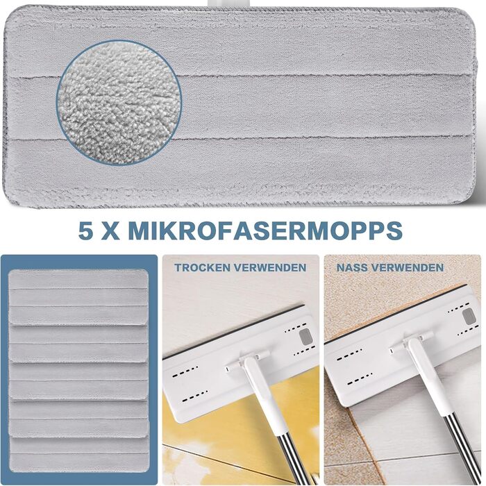 Набір для миття підлоги з відром, Masthome - компактний моп та відро з віджиманням, 3 мікрофібрових насадок та нержавіюча ручка, 2 в 1, для дерев'яних, плиточних та мармурових підлог (білий)