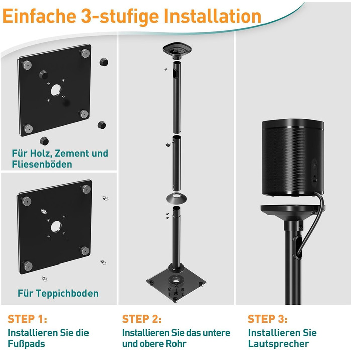 Підставка для колонок ELIVED для Sonos One, One SL, Play: 1, Era 100, регульована висота 88,8-110,3 см, пара, EV5024