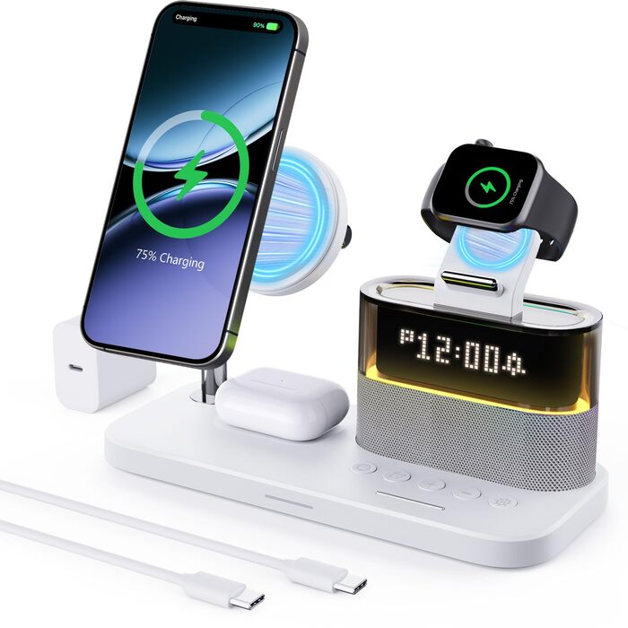 5-в-1 Бездротова зарядна станція з годинником та нічником для iPhone 17/16/15/14/13/12 Pro Max, Apple Watch, AirPods - 33W адаптер, білий