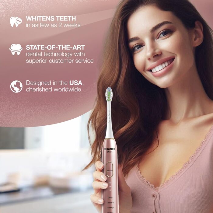 Електрична зубна щітка Wagner Stern IntelliBrush Series Whitening з датчиком тиску. 4 режими чищення, 3 інтенсивності, 8 насадок, етиуі Rose Blush