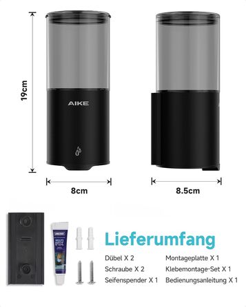 Автоматичний дозатор мила AIKE для рідкої мила, настінний, для кухні та ванної кімнати, IPX7, водонепроникний, 400 мл, з нержавіючої сталі, чорний матовий
