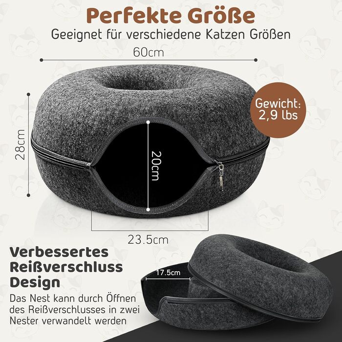 PAWSAGE® Бункер для котів з фетру, XL, 60*60*28 см, лежанка для котів, міцний фетр