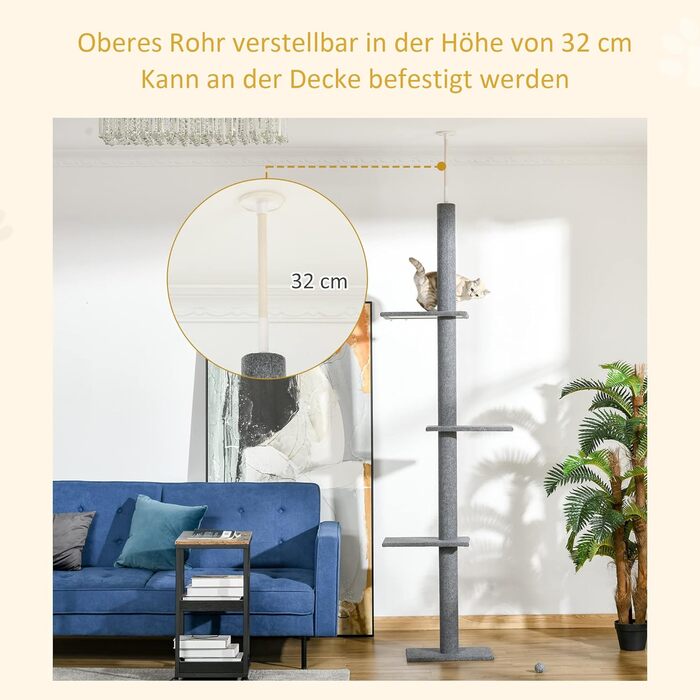 PawHut Cat Tree, Ceiling-High, 228-260 cm Adjustable Height Cat Tree, Climbing Tree for Cats with 3 Levels, Cat Scratching Post, Floor-to-Ceiling Play Tree Grey