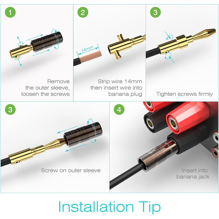 Bananstecker FosPower для акустичних кабелів: 2 пари (4 шт.) з покриттям 24K, для сабвуферів та стінних панелей. High-End