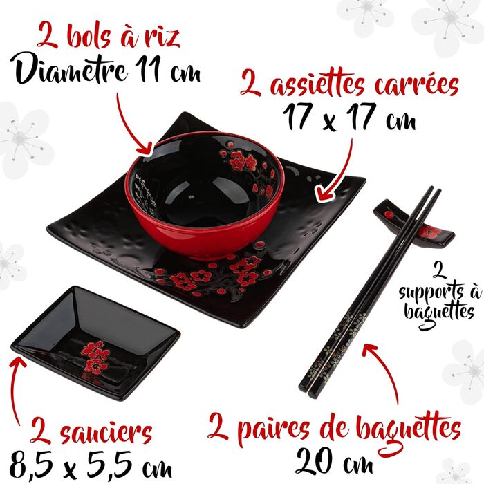 Японський набір для суші: 2 тарілки, палички, підтарілки з порцеляни з квітковим візерунком. Ідеальний подарунок