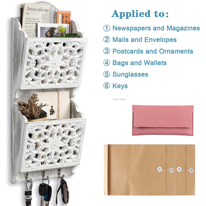 Дерев'яний органайзер для ключів з поличкою та відділенням для листів, крейдяною дошкою та 8 гачками, настінний (античний)