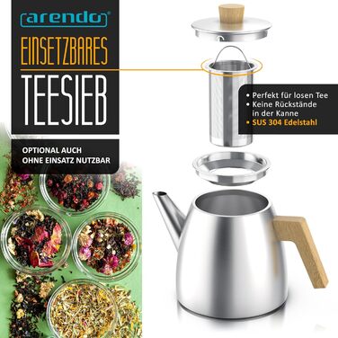 Заварник для чаю Arendo з нержавіючої сталі з ситом, 1000 мл, термос з подвійними стінками та дерев'яними ручками, сріблястий