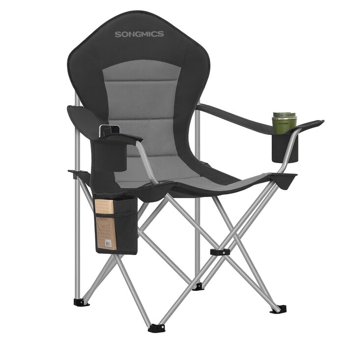Кемпінговий стілець SONGMICS складаний, широкий, з високою спинкою, чорно-сірий GCB005BH01 - для пікніка, відпочинку на природі, з підсклянником та органайзером