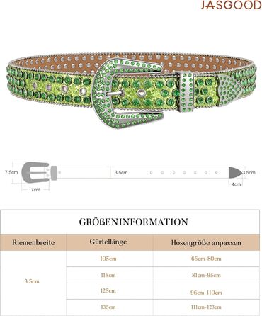Жіночий шкіряний ремінь JasGood з камінням, стиль вестерн, ковбойський, з заклепками, для джинсів та штанів (Зелений, 135 см, підходить для розміру штанів 111-123 см)