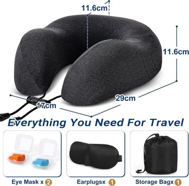 Подушка для подорожей Kobete з ефектом пам'яті (Memory Foam) для шиї, набір для сну в літаку, авто та поїзді: з 3D-маскою, берушами та сумкою, чорна