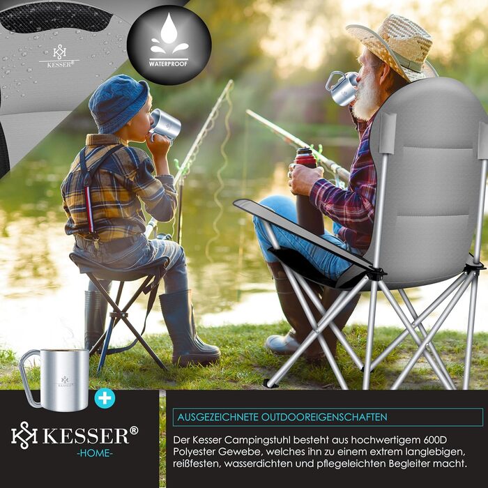 Крісло кемпінгове складне KESSER® до 150 кг, з підлокітниками, високою спинкою, сіре/чорне. З підсклянником та сумкою