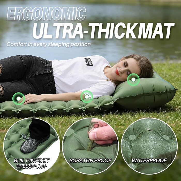 Каремат туристичний надувний Isomatte Camping 10 см з вбудованим насосом та подушкою, водонепроникний, антирозривний для кемпінгу, пляжу, подорожей, походу (Зелений)