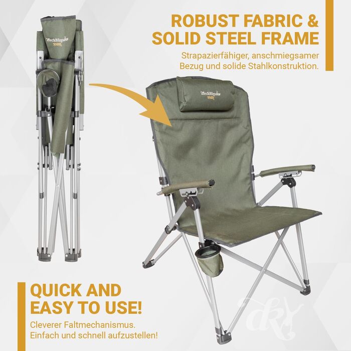 Крісло кемпінгове Dieckkiners Ehlin, сталеве, складане, з високою спинкою (3 положення), для балкона, саду, тераси, зелене