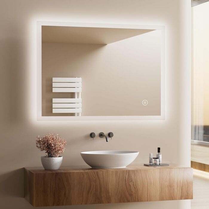 Дзеркало для ванної кімнати з підсвічуванням LED 80x60 см, регульоване, 3 кольори світла (3000K/4000K/6500K), антизапарник, вертикальна/горизонтальна установка, без збільшення 3x