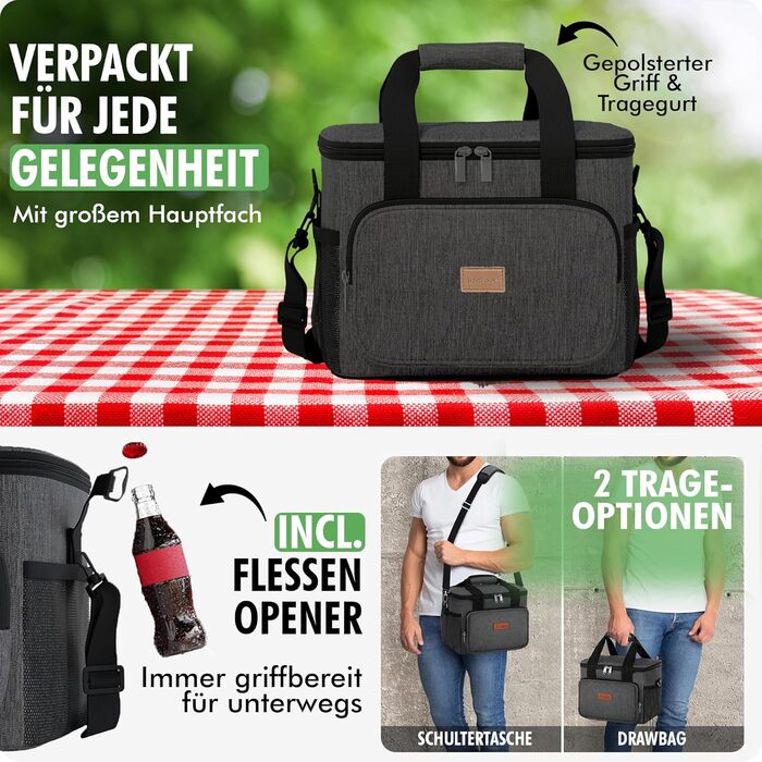 Чорна сумка-холодильник 15 літрів: компактна термосумка для пляжу, кемпінгу, обіду, подорожей, роботи - підтримує холод та тепло
