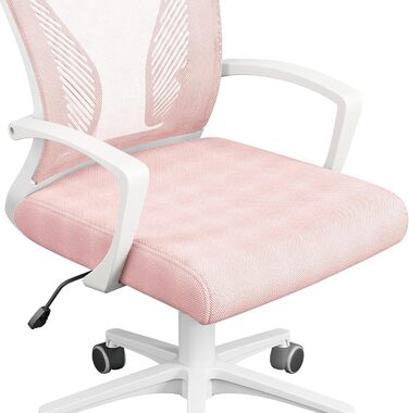 Офісне крісло Yaheetech ергономічне, з сітчастою спинкою, з підлокітниками, для офісу, комп'ютерне крісло, витримує до 136 кг, дихаюче, з функцією гойдання (Рожеве, фіксовані підлокітники)