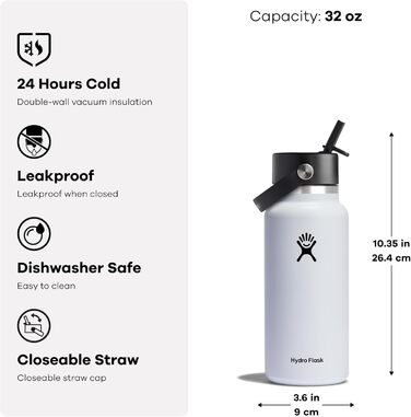 Hydro Flask - Water Bottle (32 oz) - Vacuum-Insulated Stainless Steel Water Bottle with Flex Straw Lid - Wide Mouth - (Berry Red, 946 ml)