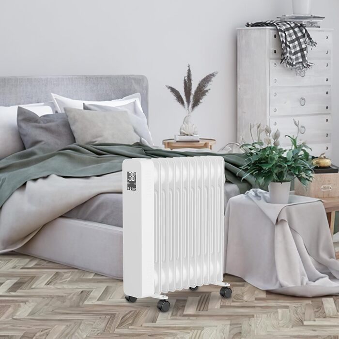 Масляний радіатор Fiqops 2500W з WiFi, термостатом та пультом керування, 11 ребер, 3 режими нагріву, захист від перегріву, білий