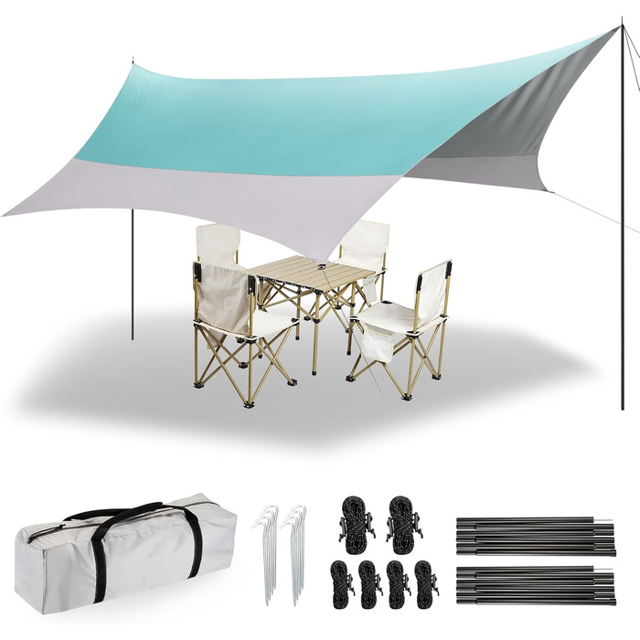 Тент Forceatt Zeltplane 3.7x4.3 м: ультралегкий, водонепроникний, з 6 кріпильними точками. Підходить для кемпінгу, піших прогулянок та відпочинку на природі. Колір: темно-синій & сірий.