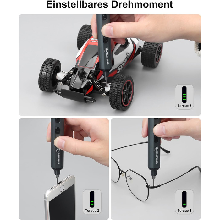 Міні-шуруповерт STREBITO 70-в-1: комплект з 64 бітами, 5 режимів крутного моменту, LED-підсвічуванням, сірий