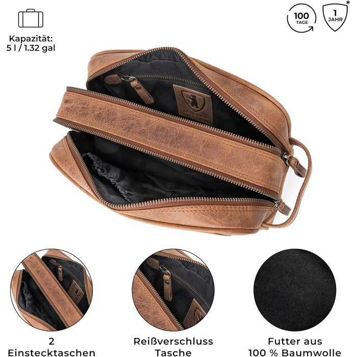 Шкіряна косметичка для подорожей Berliner Bags Premium Kulturbeutel Max, велика сумка для гігієни з 2 відділеннями для жінок та чоловіків (Camel)
