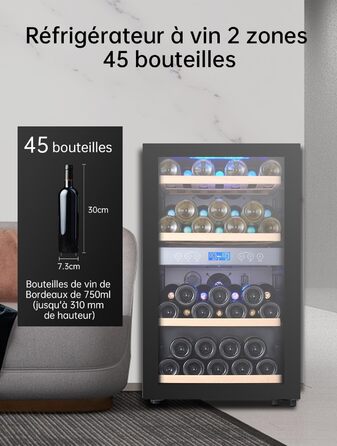 Kalamera 45 Bottle Dual Zone Wine Refrigerator - 120 Liter Capacity with LCD Display